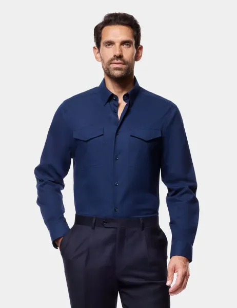 Hawes & Curtis Slim Fit Button Down Collar Safari Flannel Shirt Navy