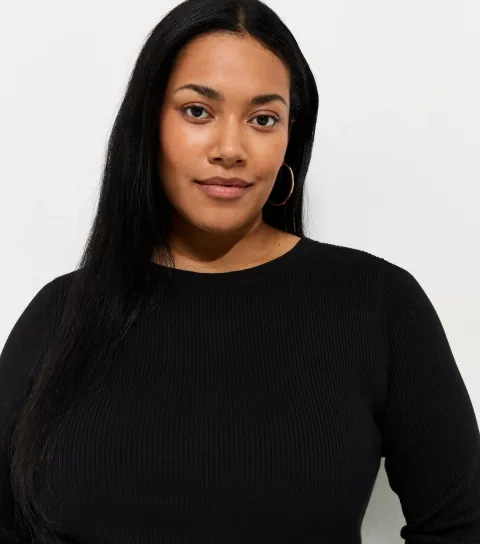 Women's Plus Size Black Lightweight Ribbed Knit Crew Neck Jumper Curves