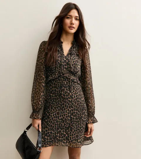 Women's Brown Animal Print Long Sleeve Frill High Neck Mini Dress