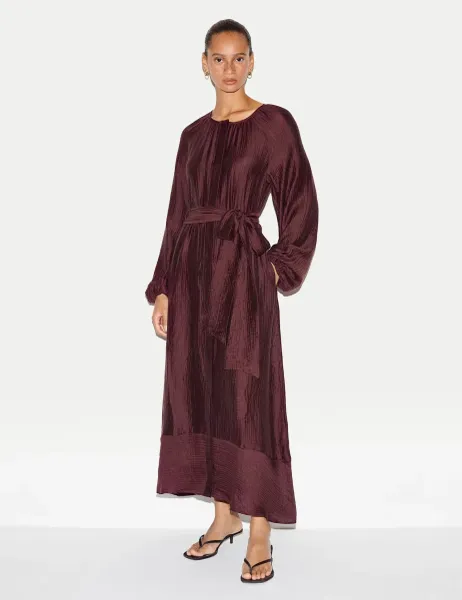 Jigsaw Textured Round Neck Tie Waist Midi Shift Dress Burgundy