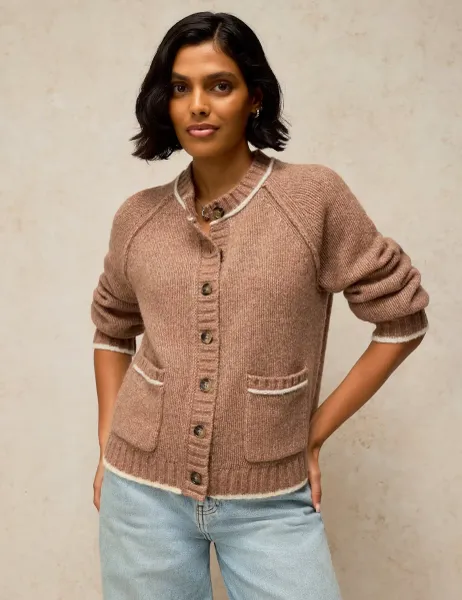 White Stuff Justine Patterned Crew Neck Cardigan With Wool Natural
