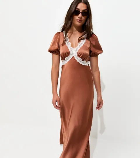 Women's Brown Lace Trim Satin Tea Midi Dress
