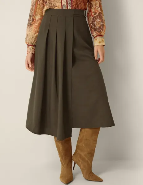 Monsoon Box Pleat Midi Kilt Skirt Khaki