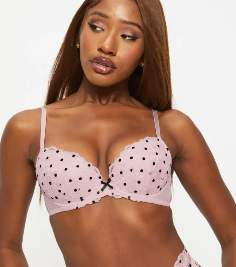 Women's Light Pink Spotty Lace Padded Plunge Bra