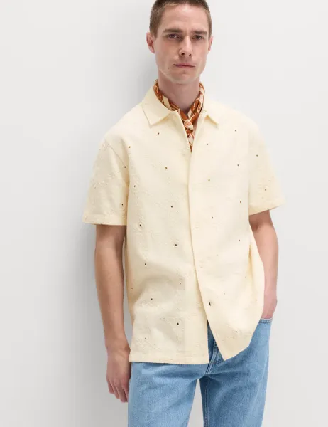Marks & Spencer Pure Cotton Embroidered Short Sleeve Shirt Ecru