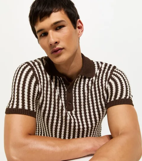 Men's Brown Regular Stripe Texture Knit Button Polo Top