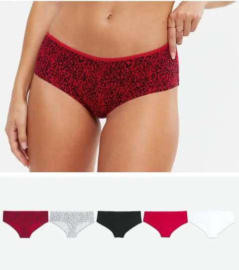 New Look Women's 5 Pack Red White and Black Leopard Print Short Briefs