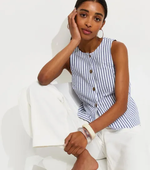 Women's Blue Cotton Stripe Button Shell Waistcoat