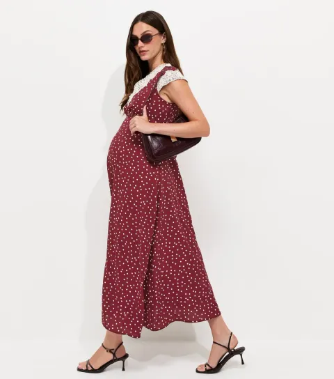 Women's Maternity Red Spot Print Lace Trim Midi Dress