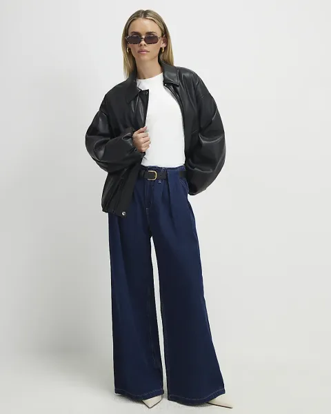 River Island Petite Belted Pleated Wide Leg Jeans