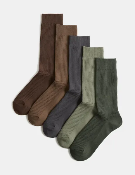 Marks & Spencer 5 Pack Cotton Rich Ribbed Socks Dark Green Mix