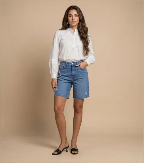 Women's Cotton Cream Floral Embroidered Shirt