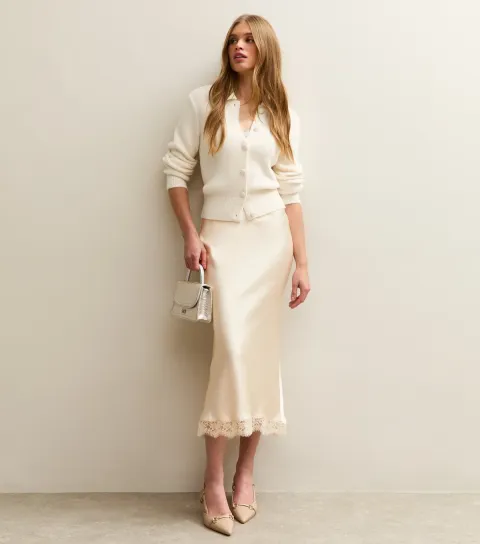 Women's Cream Lace Trim Midi Satin Skirt