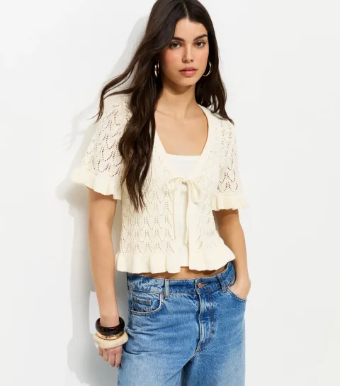 Women's Cream Front Tie Short Sleeve Crochet Cardigan