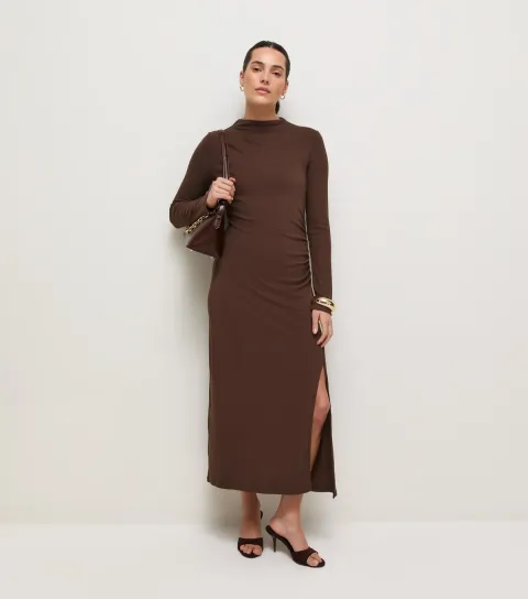 New Look Women's Dark Brown Jersey Long Sleeve Ruched Midi Dress