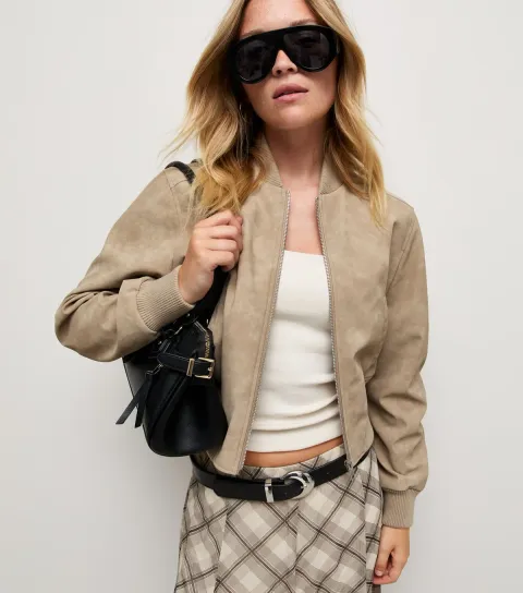 New Look Women's Stone Faux Suede Bomber Jacket