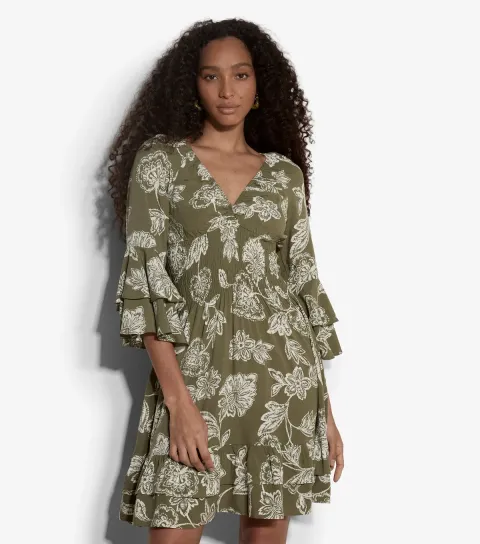 Women's Light Khaki Floral Print Smocked Waist Mini Dress