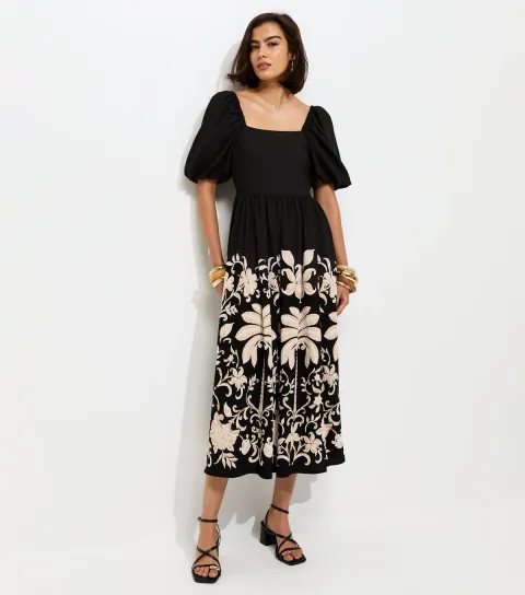 Women's Black Floral Border Print Milkmaid Midi Dress