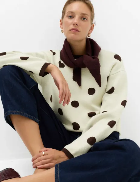 Marks & Spencer Cotton Rich Polka Dot Crew Neck Jumper Oatmeal Mix