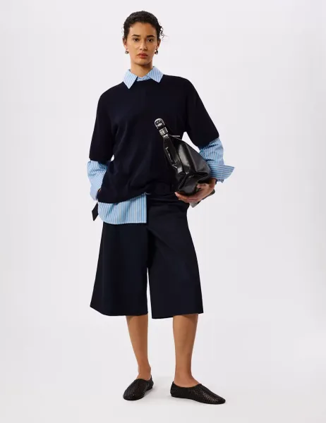 Whistles Cotton Rich Fine Knit T-Shirt Navy