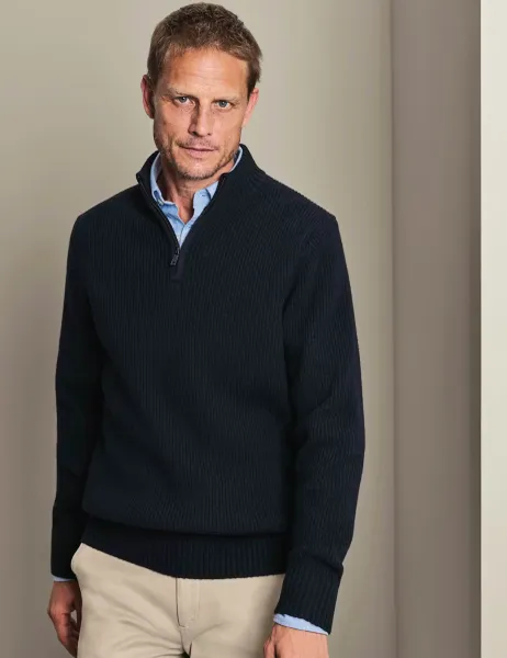 Charles Tyrwhitt Merino Wool Ribbed Zip Up Jumper Navy