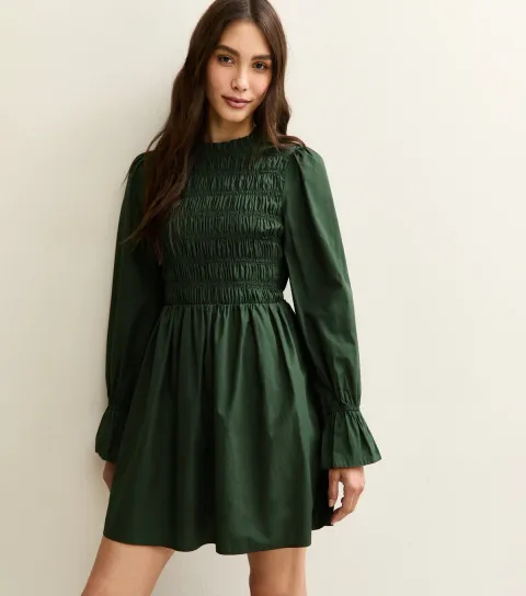 Women's Dark Green Shirred Bodice Long Sleeve A-line Mini Dress
