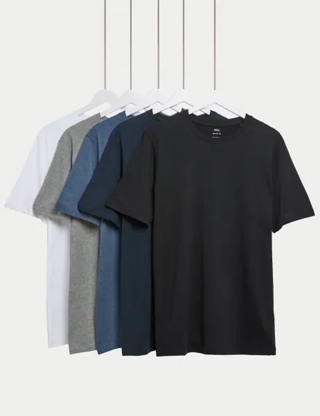 Marks & Spencer 5 Pack Pure Cotton Crew Neck T-Shirts Denim Mix