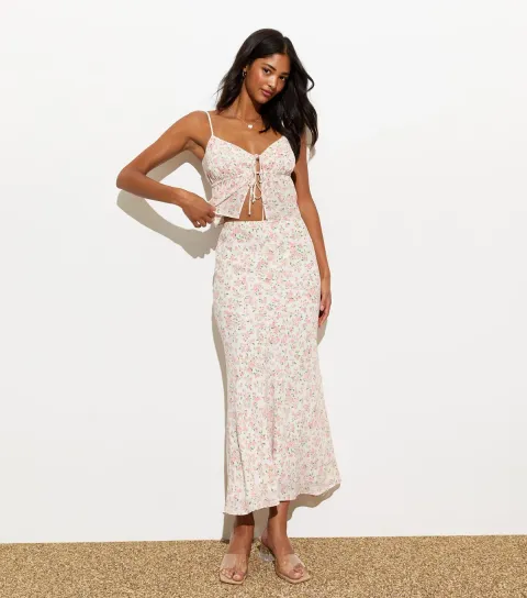 New Look Women's Off-White Floral-Print Midi Skirt
