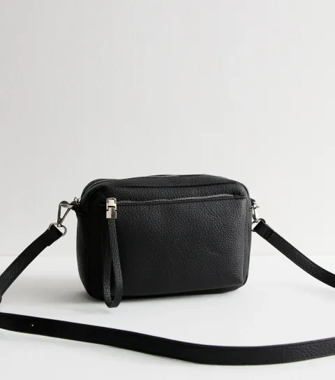 Black Grained Faux Leather Crossbody Bag