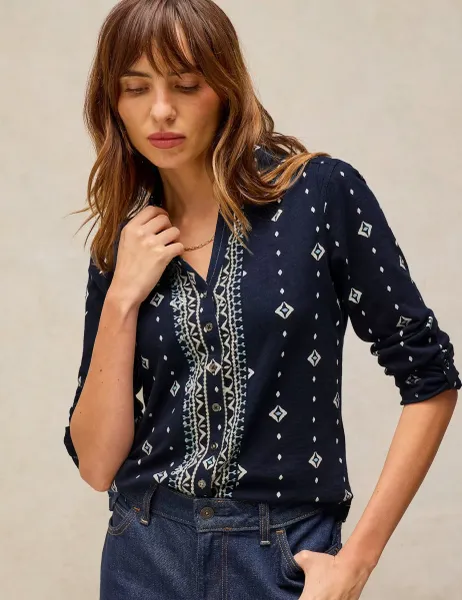 White Stuff Pure Cotton Printed Collared Shirt Navy Mix