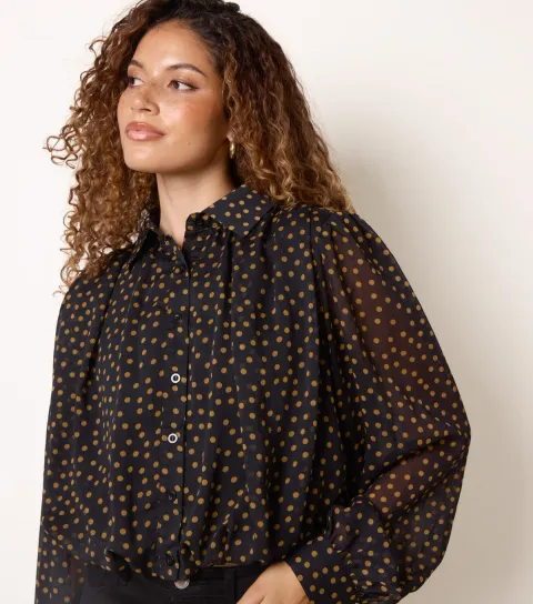 Blue Vanilla Women's Black Chiffon Polka Dot Bubble Hem Shirt