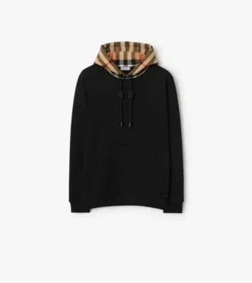 Check Hood Cotton Hoodie in Black
