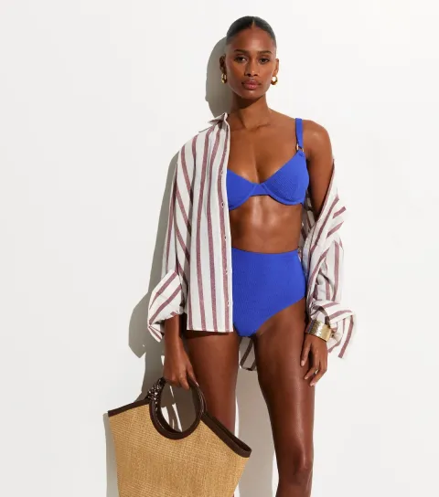 Women's Blue Crinkle Textured High Waist Bikini Briefs