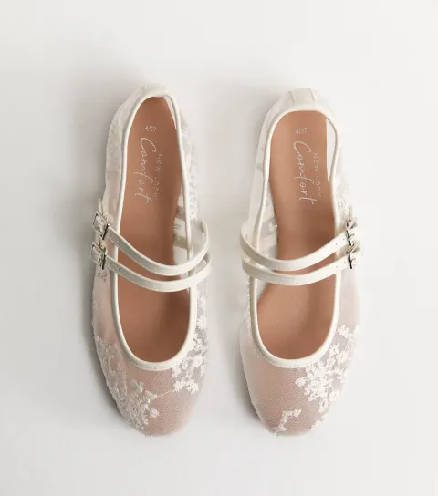 Women's White Floral Mesh Double Strap Mary Jane Pumps Vegan
