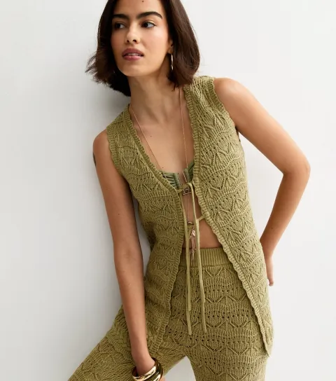 New Look Women's Khaki Cotton Rich Wave Stitch Longline Tie Front Waistcoat