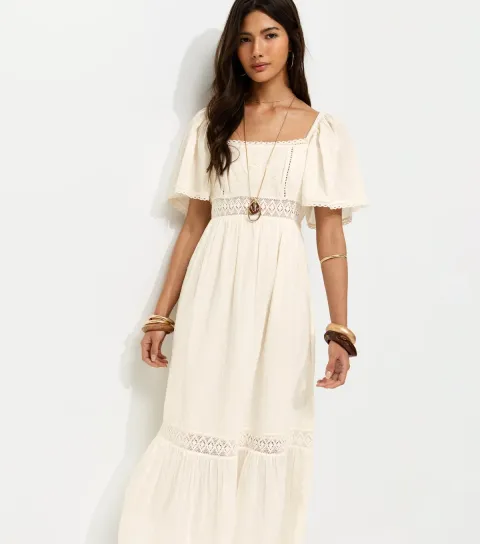 New Look Women's Cream Dobby Square Neck Midi Dress