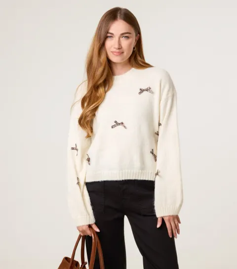 Women's Off White Bow Appliqued Jumper