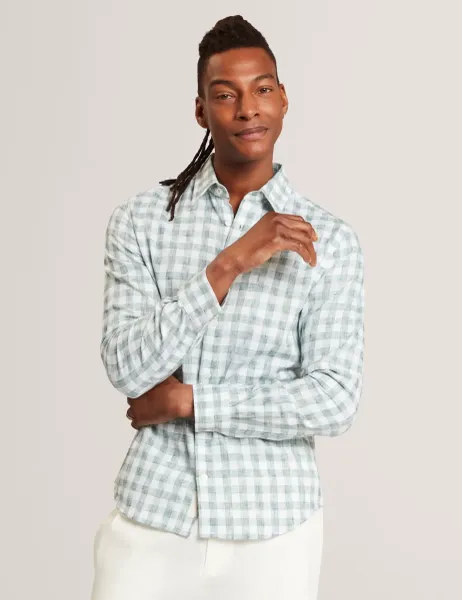 Ted Baker Regular Fit Cotton Rich Textured Check Shirt Green