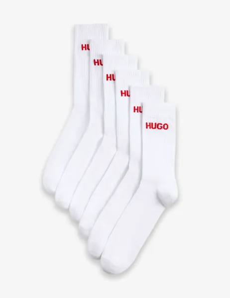 HUGO 6 Pack Logo Cotton Rich Ribbed Socks White Mix