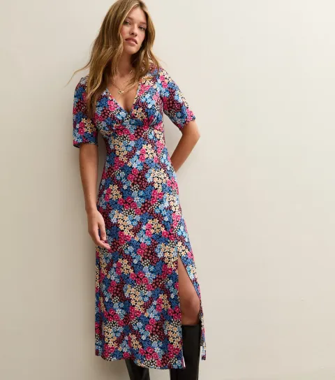 Women's Blue Floral Print Slit Hem Midi Dress