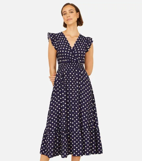 Women's Navy Spot Print Ruched Midi Dress