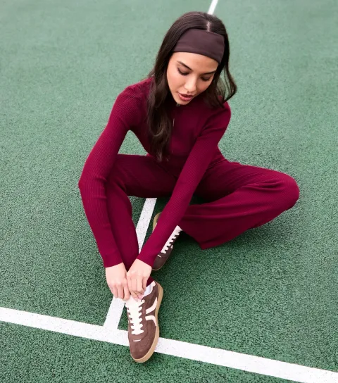 Women's Burgundy Ribbed Zip Up Top and Trousers Set