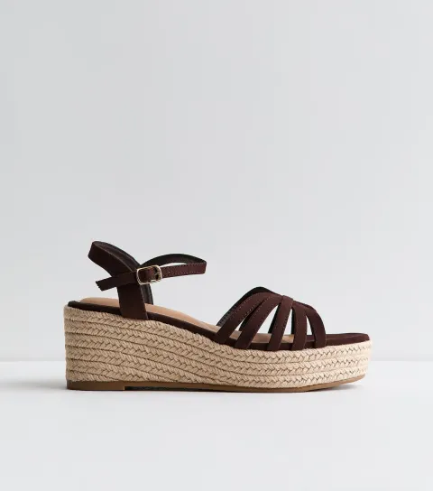Women's Wide Fit Brown Faux Suede Cage Strap Wedge Sandals Vegan