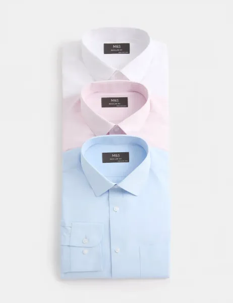 Marks & Spencer 3 Pack Regular Fit Easy Iron Long Sleeve Shirts Blue Mix