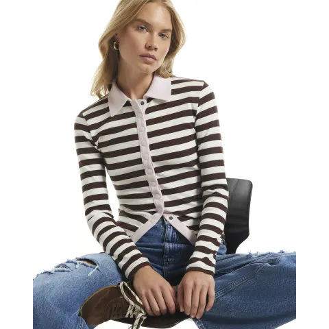River Island Stipe Ribbed Popper Polo Top