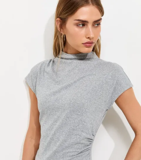 Women's Light Grey Soft Touch Draped High Neck T-Shirt