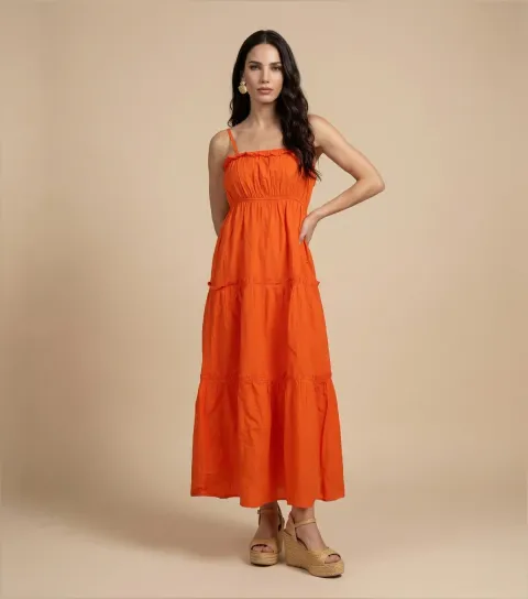 Urban Bliss Women's Bright Orange Cotton Ruched Tiered Maxi Dress