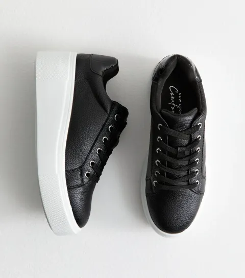 New Look Women's Black Faux Leather Wedge Trainers