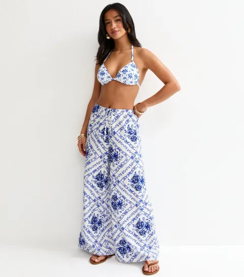 Women's Petite Blue Floral Beach Wide Leg Trousers