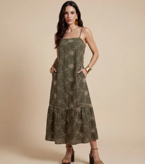 Urban Bliss Women's Khaki Embroidered Maxi Dress